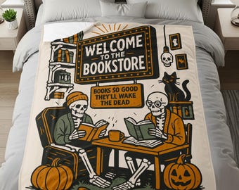 Manta de Halloween con fantasmas de libros, manta de temporada espeluznante, regalo literario, decoración gótica para el hogar, manta de bienvenida a la librería