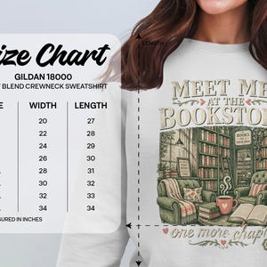 Gildan 18000 sweatshirt size chart with "Meet Me at the Bookstore" graphic.