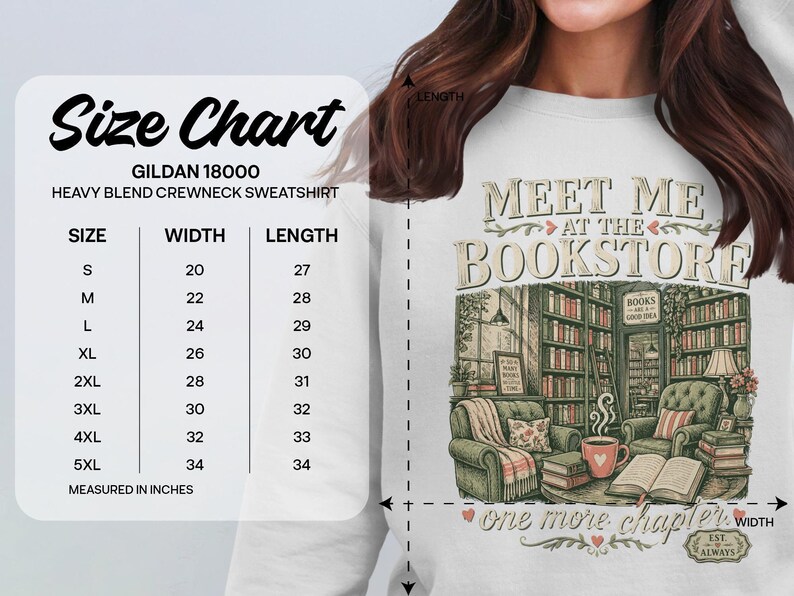 Gildan 18000 sweatshirt size chart with "Meet Me at the Bookstore" graphic.