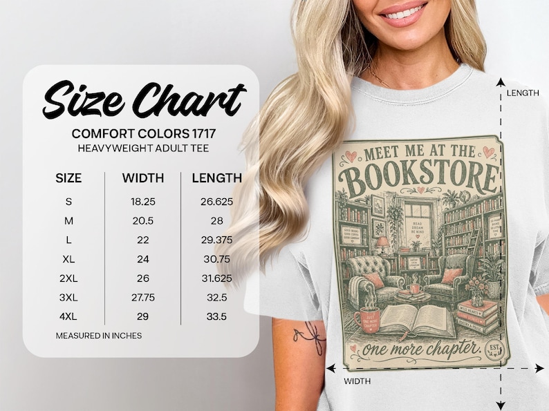 Size chart for Comfort Colors 1717 heavyweight adult tee.