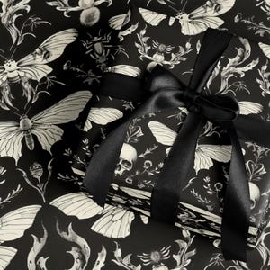 Gothic skull moth wrapping paper, black white gift wrap, Halloween gift wrap, spooky gift wrapping paper, birthday gift wrap