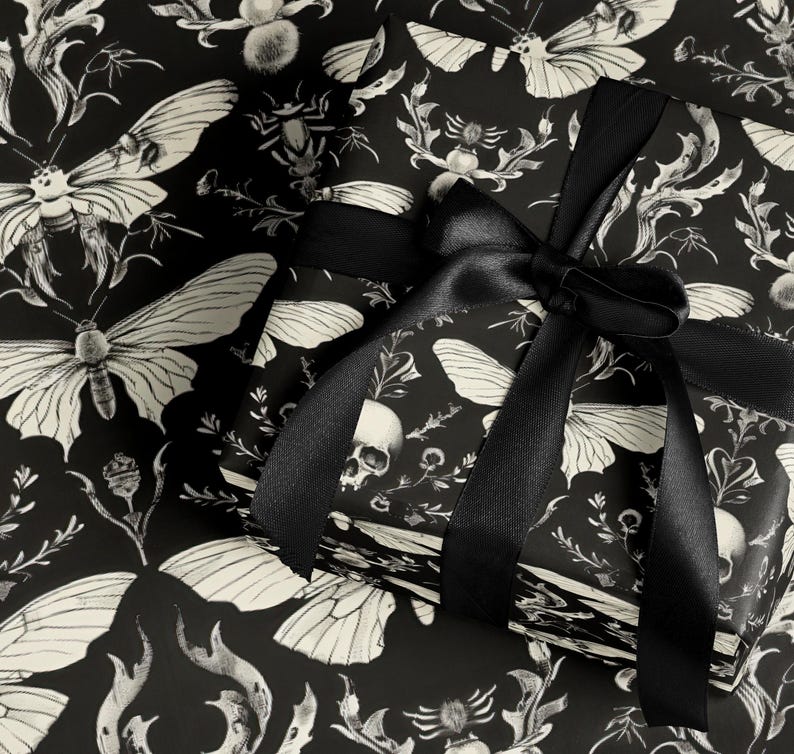 Gothic skull moth wrapping paper, black white gift wrap, Halloween gift wrap, spooky gift wrapping paper, birthday gift wrap
