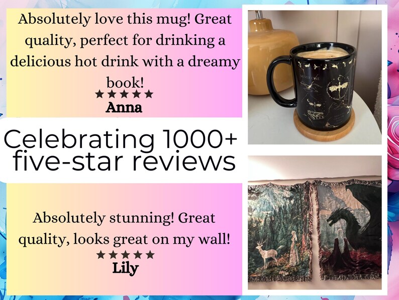 The image is a collage of three photos. The top photo shows a black mug with a gold design, the middle photo depicts a painting of a woman and a deer, and the bottom photo features a painting of a dragon. The collage includes text that describes the items as "Great quality, perfect for drinking a delicious hot drink with a dreamy book!" and "Celebrating 1000+ five-star reviews".