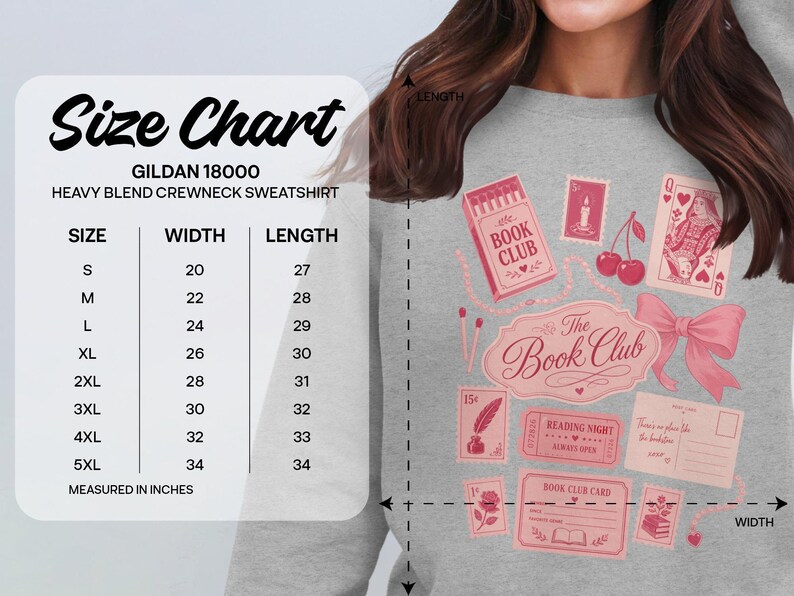 Size chart for Gildan 18000 heavy blend crewneck sweatshirt.