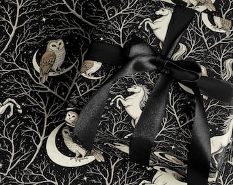 Papel de regalo de unicornio y búho, estilo Dark Academia Cottagecore, papel de regalo gótico, papel de regalo de bruja, regalo para amantes de los libros