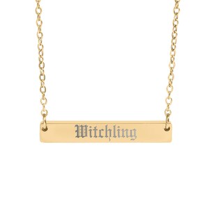 Witchling gold bar necklace, Minimalist witch jewelry, Spooky gift for her, Witchy aesthetic necklace, Halloween themed accessory