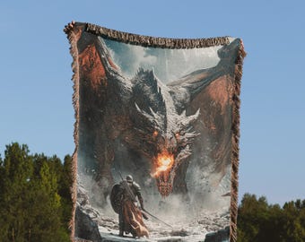 Medieval Dragon Woven Blanket Fantasy Gothic Tapestry DnD Throw Gift for Book Lovers and Gamers Castlecore blanket