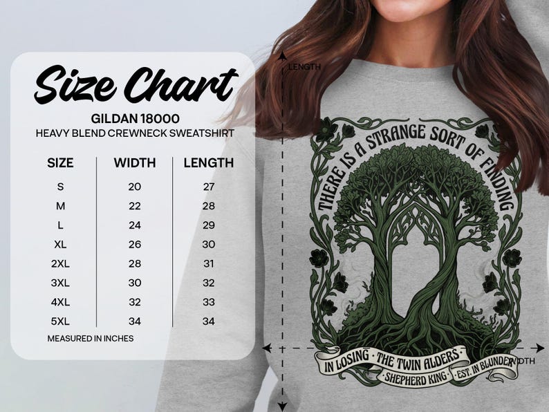 Gildan 18000 sweatshirt size chart with tree graphic and text.