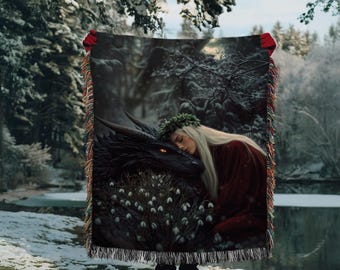 Manon Blackbeak and Abraxos Winter Woven Blanket Throne of Glass Sarah J Maas Cozy Bookish Decor Fantasy Gift Kingdom of Ash Readers