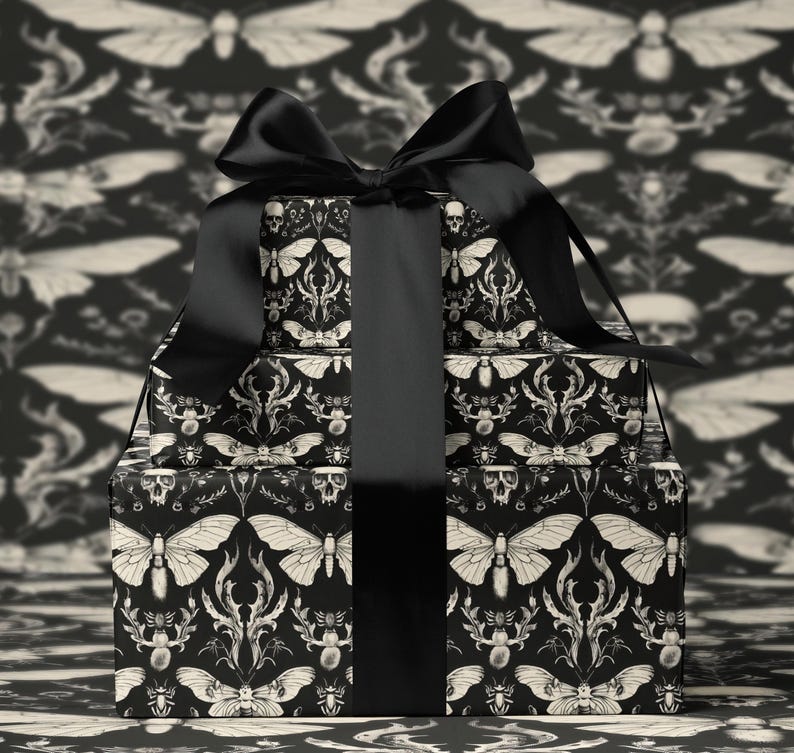 Gothic Skull Moth Gift Wrap, Black and White Wrapping Paper, Creepy Party Favors, Alternative Decor, Halloween Gift Wrapping