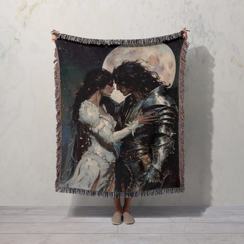 a woman standing next to a painting of a man and woman