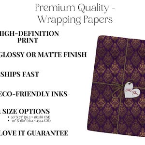 Purple and Gold Wrapping Paper, Damask Pattern Gift Wrap, High-Definition Print, Eco-Friendly Inks, Available in 2 Sizes