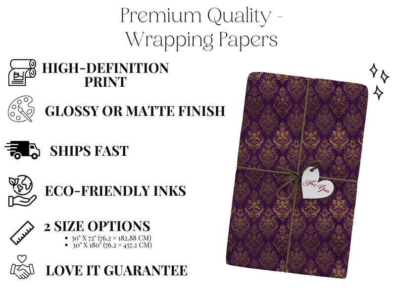 Purple and Gold Wrapping Paper, Damask Pattern Gift Wrap, High-Definition Print, Eco-Friendly Inks, Available in 2 Sizes