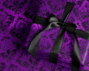 Papel de embrulho com estampa gótica damasco, papel de presente luxuoso roxo, rolo de papel de presente estilo Dark Academia, papel de presente elegante para as festas de fim de ano, papel de presente de Natal