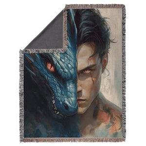 a blanket with a picture of a man and a dragon on it