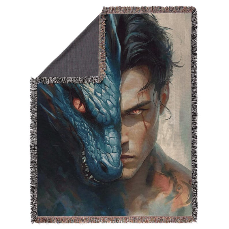 a blanket with a picture of a man and a dragon on it
