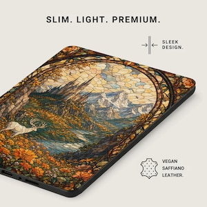 Case with stained glass art of a castle, mountains, and a deer. Vegan Saffiano leather.
