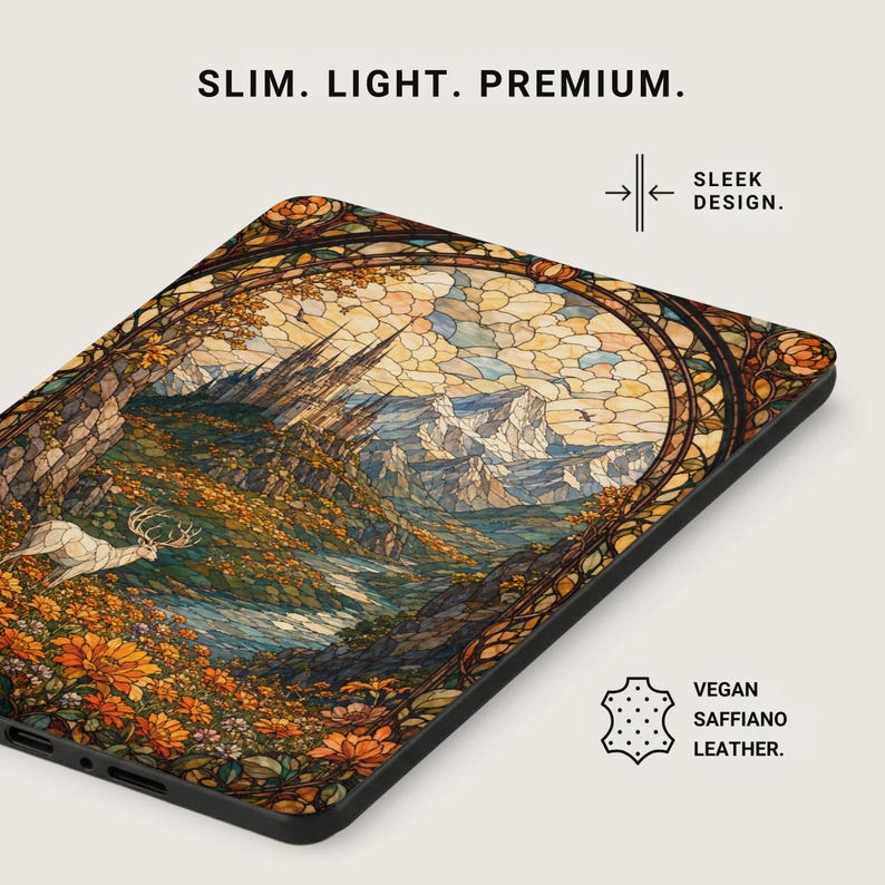 Case with stained glass art of a castle, mountains, and a deer. Vegan Saffiano leather.