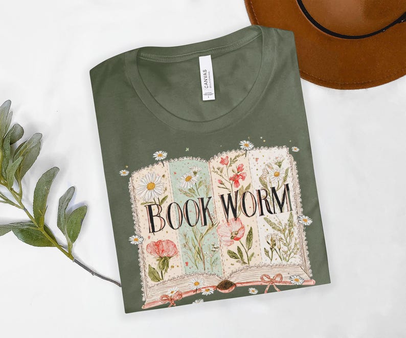 Book Worm Graphic Tee, Cute Floral Book Lover Shirt, Botanical Reader T-Shirt, Gift for Bibliophiles, Cozy Bookworm Apparel
