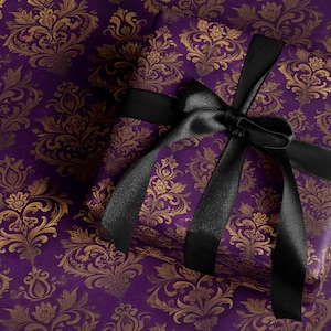 Elegant Gift Wrapping Paper, Purple and Gold Floral Design, Black Ribbon, Perfect for Birthdays, Weddings, Anniversaries
