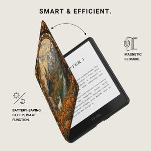 Kindle with a stained-glass patterned cover displaying magnetic closure and battery-saving features.