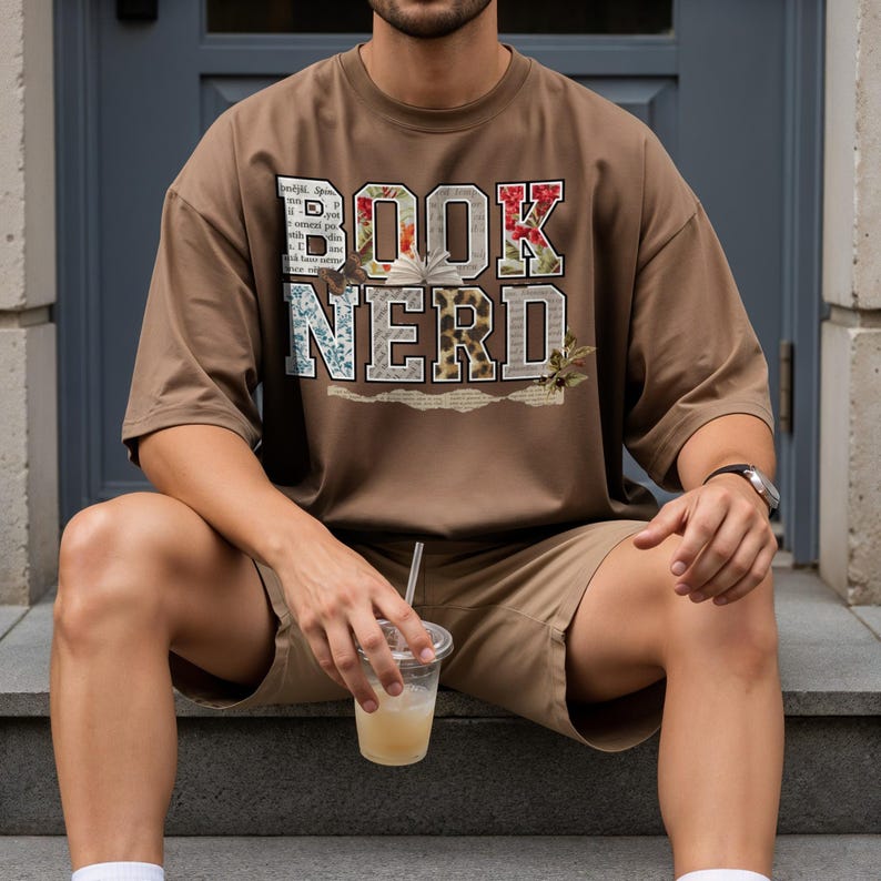 Brown t-shirt with "BOOK NERD" text in collage style.