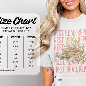 Comfort Colors 1717 size chart for heavyweight adult tees with measurements.