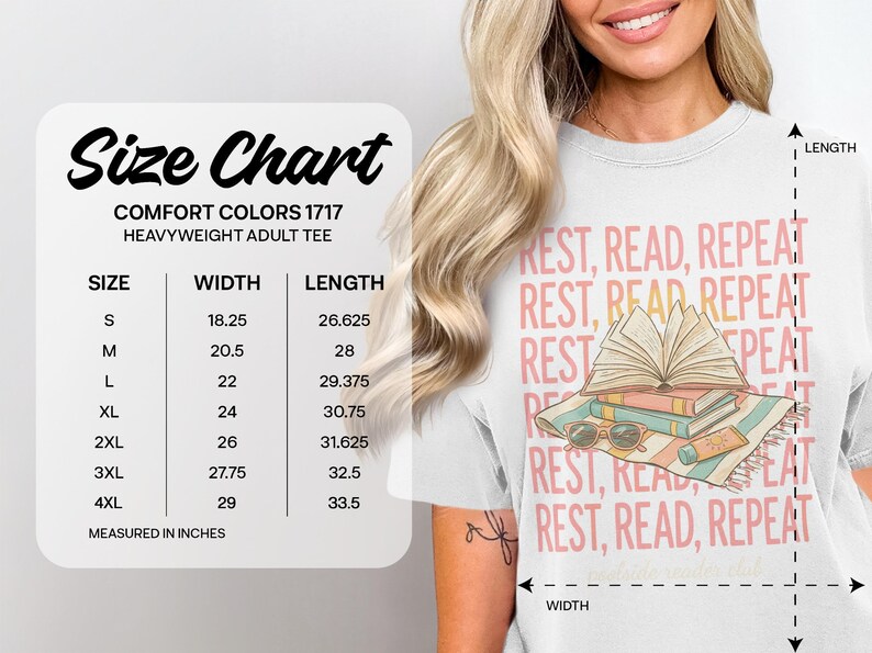 Comfort Colors 1717 size chart for heavyweight adult tees with measurements.