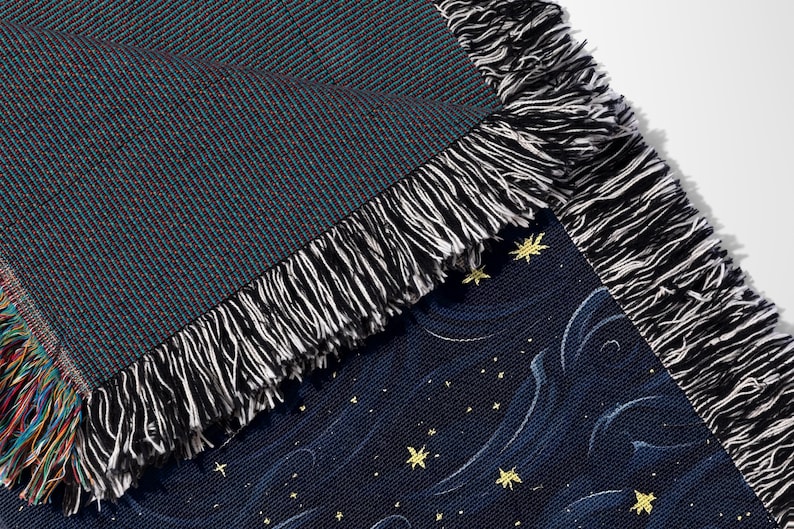 a close up of a blue and black blanket