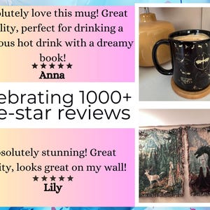 The image is a collage of three photos. The top photo shows a black mug with a gold design, the middle photo features a painting of a woman and a deer, and the bottom photo depicts a dragon. The collage includes text that describes the mug, the painting, and the dragon, as well as a rating system for the photos.
