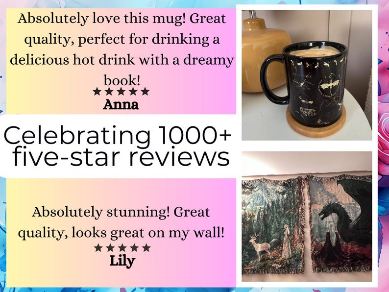 The image is a collage of three photos. The top photo shows a black mug with a gold design, the middle photo features a painting of a woman and a deer, and the bottom photo depicts a dragon. The collage includes text that describes the mug, the painting, and the dragon, as well as a rating system for the photos.