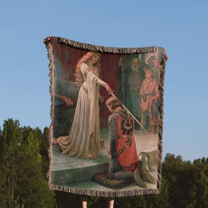 The Accolade Woven Blanket Edmund Blair Leighton Tapestry Medieval Knight Art for Castlecore Decor Dark Academia and Fantasy Home Aesthetic