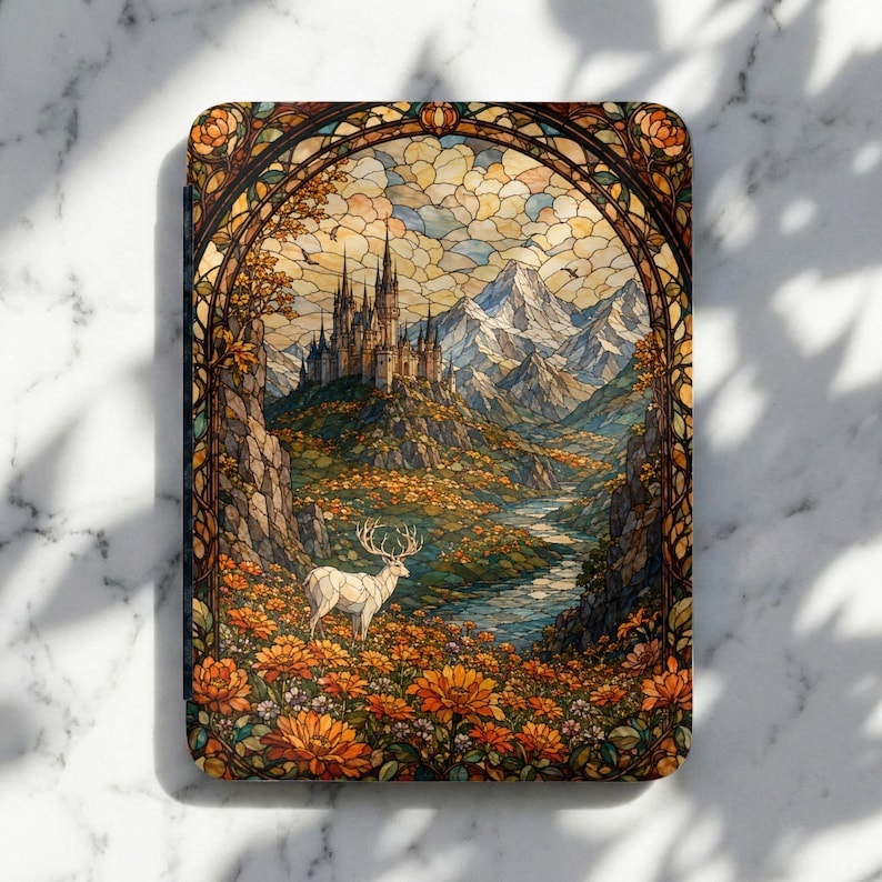 Stained glass art features a white stag in a field of orange flowers, a castle in the mountains.