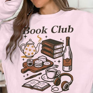 Book Club Sweatshirt, Cozy Coffee Reading Shirt, Book Lover Gift, Literary Sweatshirt, Book Club Apparel, Bookish Fashion, Pink Sweater