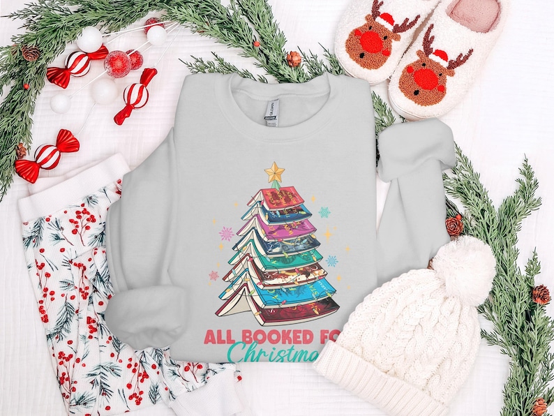 All Booked for Christmas Sweatshirt, Book Lover Christmas Sweater, Holiday Reading Shirt, Christmas Tree Books Sweater