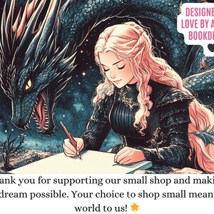 a woman sitting at a table writing in front of a dragon