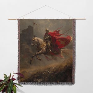 Medieval Knight Woven Throw Blanket | Dark Cottagecore & Gothic Tapestry | Light Academia and Vintage Historical Decor | Knight Lover Gift
