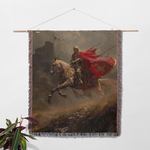 Medieval Knight Woven Throw Blanket | Dark Cottagecore & Gothic Tapestry | Light Academia and Vintage Historical Decor | Knight Lover Gift