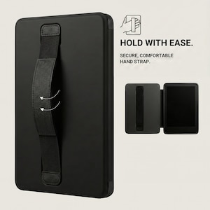 Black case with a secure hand strap and inset illustration showing hand holding strap.