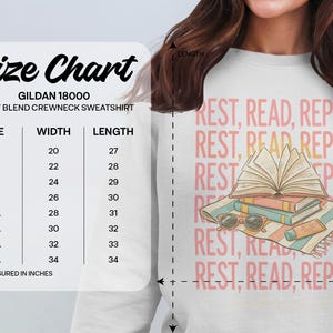 Gildan 18000 sweatshirt size chart with dimensions in inches.