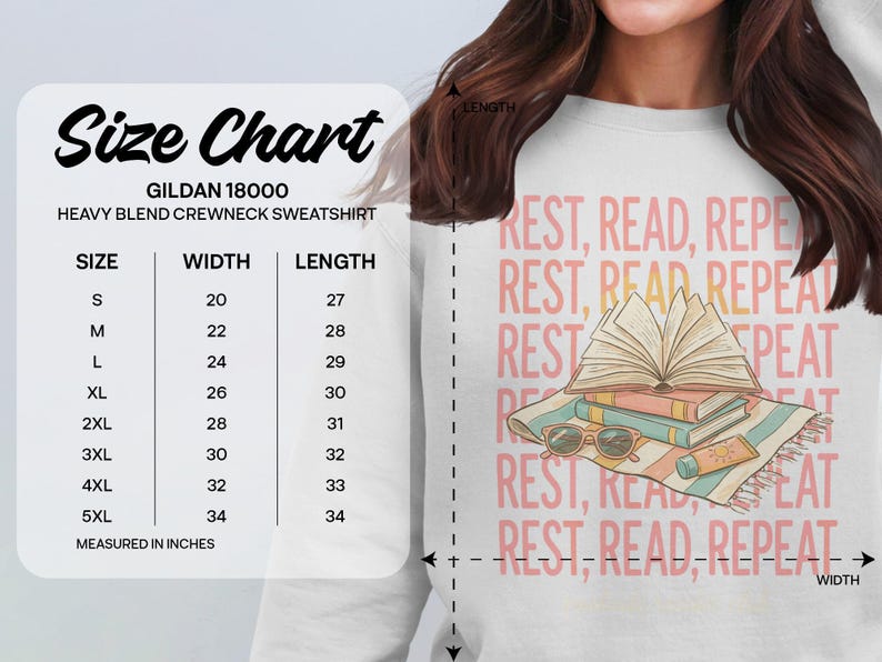 Gildan 18000 sweatshirt size chart with dimensions in inches.