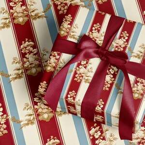 Vintage Floral Striped Gift Wrap, Retro Present Wrapping Paper, Elegant Red Ribbon Gift Packaging, Classic Wedding Anniversary Decor