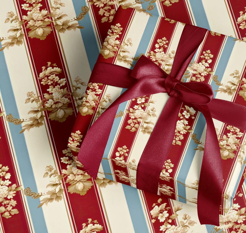 Vintage Floral Striped Gift Wrap, Retro Present Wrapping Paper, Elegant Red Ribbon Gift Packaging, Classic Wedding Anniversary Decor