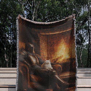 Knight and Cat Fireplace Blanket, Cozy Woven Throw, Medieval Fantasy Tapestry, Dark Academia Decor, Unique Gift for Cat Lovers