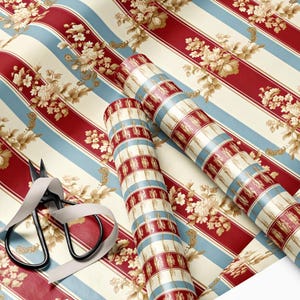 Vintage Floral Striped Wrapping Paper, Red and Blue Gift Wrap Roll, Elegant Decorative Paper, Perfect for Special Occasions
