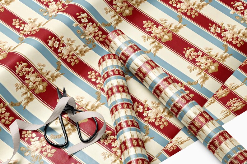 Vintage Floral Striped Wrapping Paper, Red and Blue Gift Wrap Roll, Elegant Decorative Paper, Perfect for Special Occasions