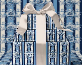 Papel de regalo azul con estampado floral, rollo de papel de regalo de lujo, elegante, estampado clásico para decoración navideña y recuerdos de fiesta.