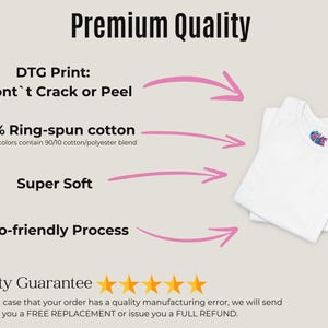 The image is a promotional graphic for a clothing brand, highlighting the premium quality of their products. It features a white t-shirt with a colorful design, along with text and arrows indicating the quality guarantee.