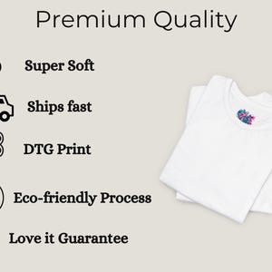 The image is a collage of various icons and text, highlighting the premium quality of a product, such as a shirt. The icons include a truck, a person, and a heart, along with text descriptions of the product's features, such as "Super Soft", "Ships fast", "DTG Print", "Eco-friendly Process", and "Love it Guarantee".