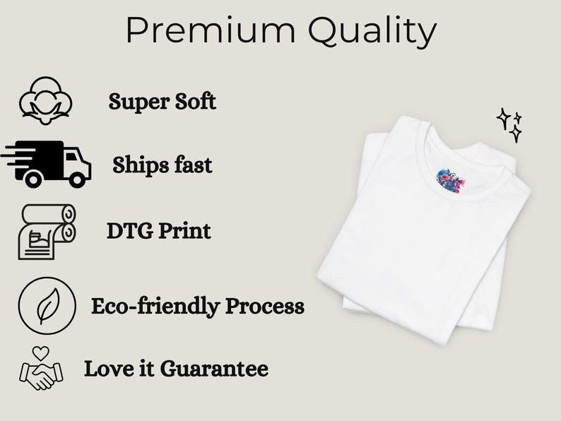 The image is a collage of various icons and text, highlighting the premium quality of a product, such as a shirt. The icons include a truck, a person, and a heart, along with text descriptions of the product's features, such as "Super Soft", "Ships fast", "DTG Print", "Eco-friendly Process", and "Love it Guarantee".